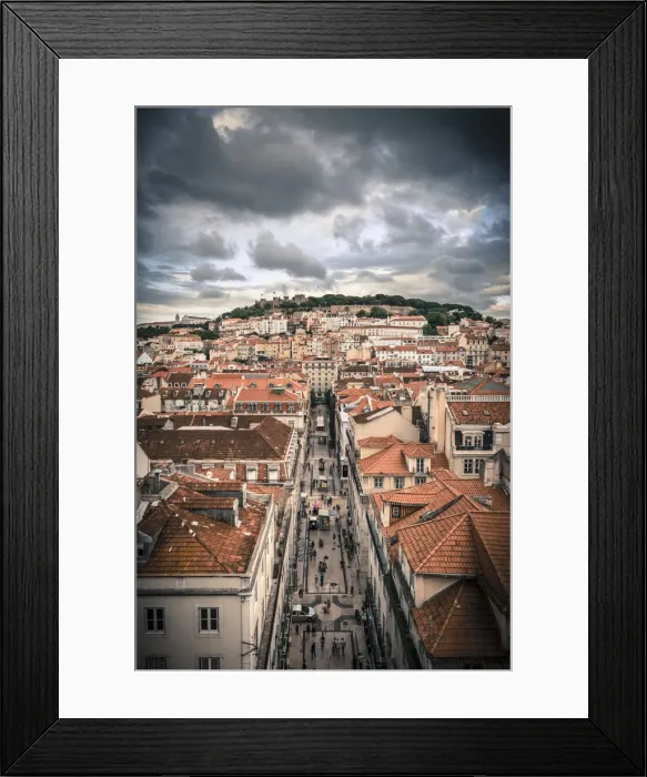 Framed Print : Portugal, Lisbon, rooftop view of Baixa District with Sao Jorge Castle and Alfama