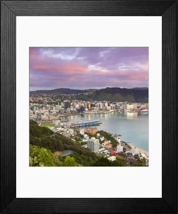 Framed Print : Elevated view over central Wellington illuminated at sunrise, Wellington, North Island Framed Print : Elevated view over central Wellington illuminated at sunrise, Wellington, North Island