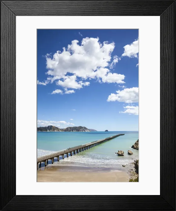 Framed Print : Elevated view over the picturesque Tologa Bay wharf, Tologa Bay, East Cape, North Island