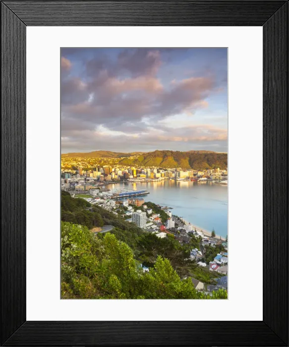 Framed Print : Elevated view over central Wellington illuminated at sunrise, Wellington, North Island Framed Print : Elevated view over central Wellington illuminated at sunrise, Wellington, North Island