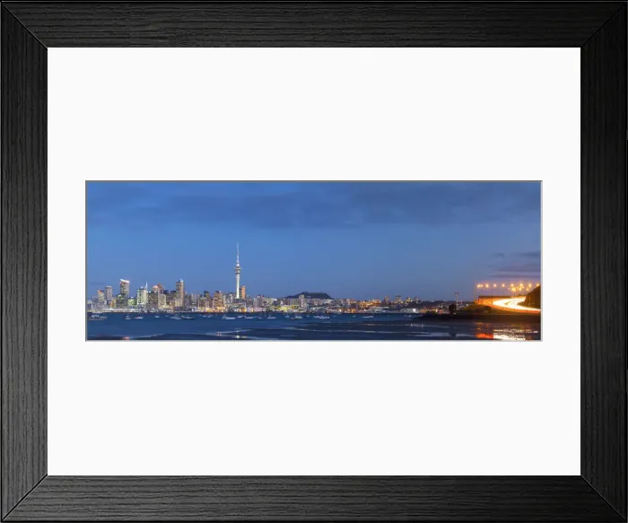 Framed Print : City skyline & Waitemata Harbour illuminated at dusk, Auckland, New Zealand, Australasia