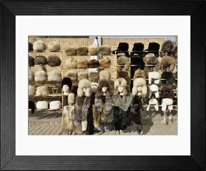Framed Print : Traditional fur hats for sale. Itchan Kala, Khiva, Uzbekistan