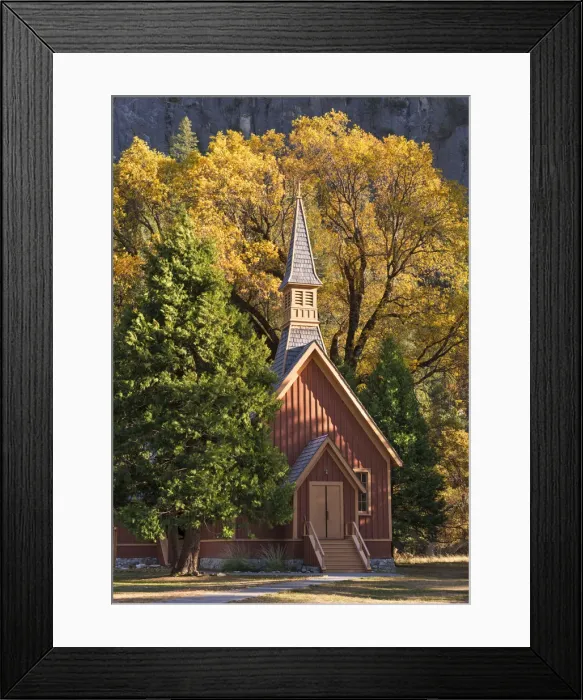 Framed Print : Yosemite Chapel surrounded by fall foliage, Yosemite Valley, California, USA. Autumn Framed Print : Yosemite Chapel surrounded by fall foliage, Yosemite Valley, California, USA. Autumn