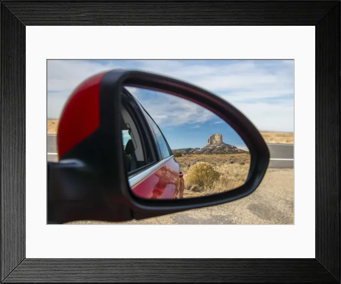 Framed Print : Desert landscape with lonely butte hill reflected into a car side mirror, Navajo Nation Framed Print : Desert landscape with lonely butte hill reflected into a car side mirror, Navajo Nation