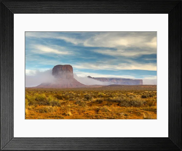 Framed Print : Desert landscape with butte surrounded by low fog, Monument Valley Navajo Tribal Park Framed Print : Desert landscape with butte surrounded by low fog, Monument Valley Navajo Tribal Park