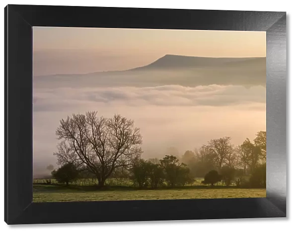 Mist covered Brecon Beacons landscape at dawn, Powys, Wales, UK