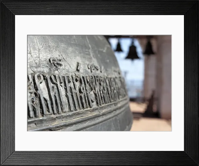 Framed Print : Inscription on 17th century church bell, Rostov, Golden Ring, Yaroslavl region, Russia Framed Print : Inscription on 17th century church bell, Rostov, Golden Ring, Yaroslavl region, Russia