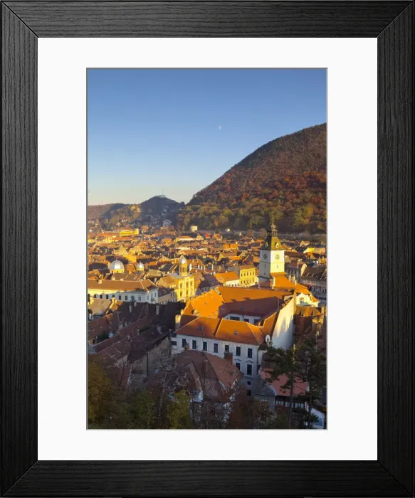 Framed Print : Elevated view over Old Town City Center & rooftops, Piata Sfatului, Brasov, Transylvania