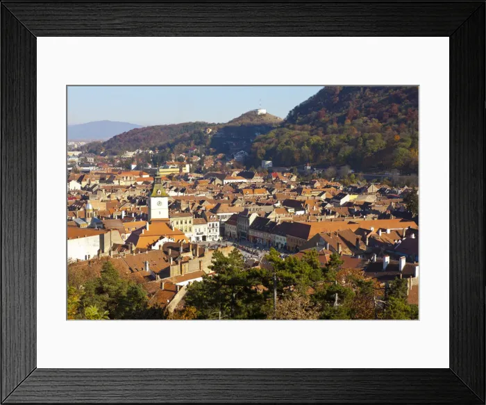 Framed Print : Elevated view over Old Town City Center & rooftops, Piata Sfatului, Brasov