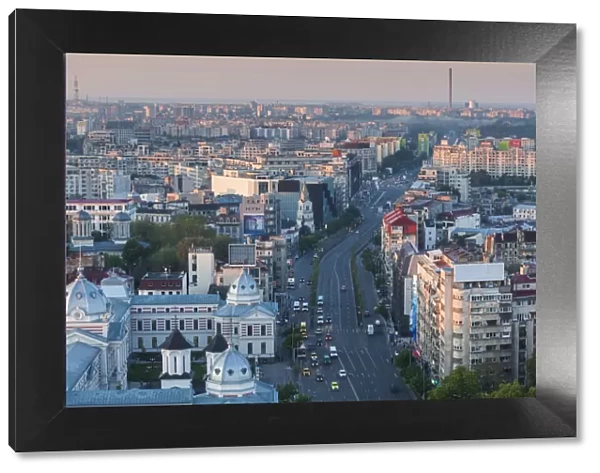 Romania, Bucharest, Central Bucharest along IC Bratianu Boulevard, elevated view. dawn