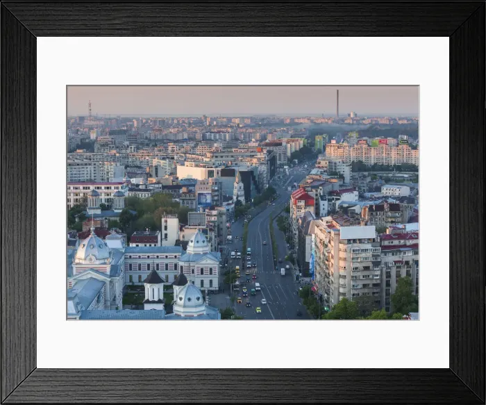 Framed Print : Romania, Bucharest, Central Bucharest along IC Bratianu Boulevard, elevated view. dawn Framed Print : Romania, Bucharest, Central Bucharest along IC Bratianu Boulevard, elevated view. dawn