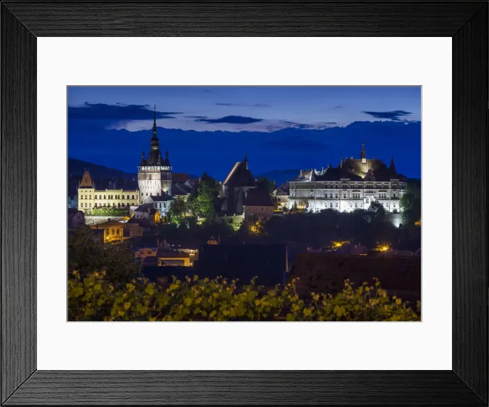 Framed Print : Romania, Transylvania, Sighisoara, elevated city view Old Town and clocktower, dusk Framed Print : Romania, Transylvania, Sighisoara, elevated city view Old Town and clocktower, dusk