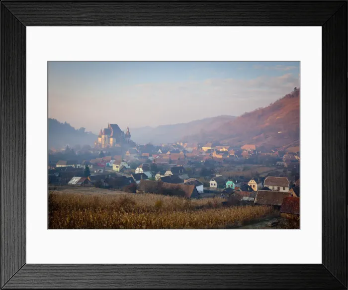 Framed Print : Elevated view over Biertan at sunrise, Biertan, nr. Sighisoara, Transylvania, Romania Framed Print : Elevated view over Biertan at sunrise, Biertan, nr. Sighisoara, Transylvania, Romania