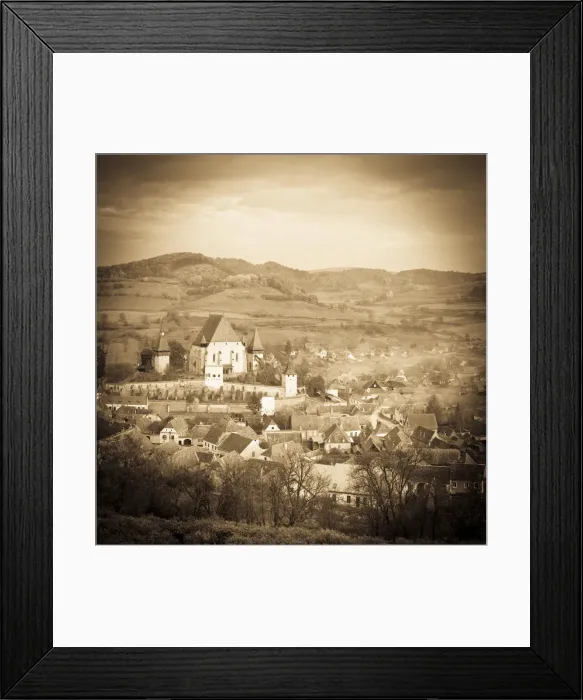 Framed Print : Elevated view over Biertan at sunset, Biertan, nr. Sighisoara, Transylvania, Romania Framed Print : Elevated view over Biertan at sunset, Biertan, nr. Sighisoara, Transylvania, Romania