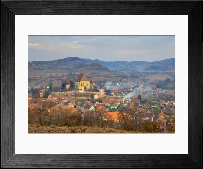 Framed Print : Elevated view over Biertan at sunset, Biertan, nr. Sighisoara, Transylvania, Romania Framed Print : Elevated view over Biertan at sunset, Biertan, nr. Sighisoara, Transylvania, Romania