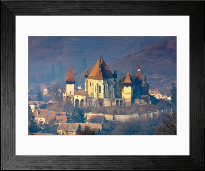 Framed Print : Elevated view over Biertan fortified church at sunrise, Biertan, nr Framed Print : Elevated view over Biertan fortified church at sunrise, Biertan, nr