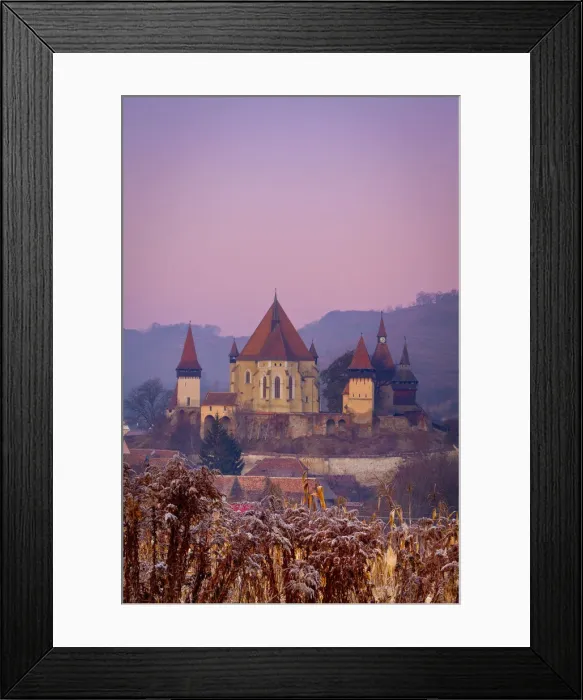 Framed Print : Elevated view towards Biertan fortified church at dusk, Biertan, nr Framed Print : Elevated view towards Biertan fortified church at dusk, Biertan, nr