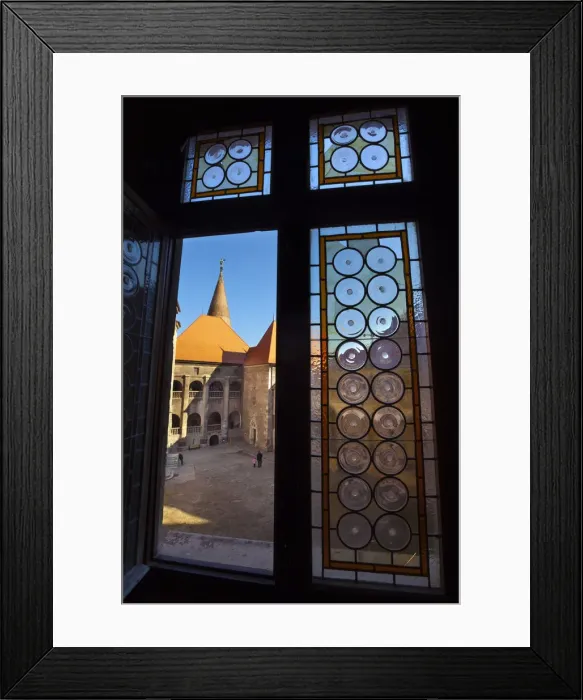 Framed Print : Ornate wondows opening out on to courtyard, Hunyadi Castle or Corvins Castle Framed Print : Ornate wondows opening out on to courtyard, Hunyadi Castle or Corvins Castle