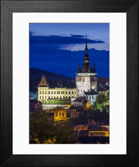 Framed Print : Romania, Transylvania, Sighisoara, elevated city view Old Town and clocktower, dusk Framed Print : Romania, Transylvania, Sighisoara, elevated city view Old Town and clocktower, dusk