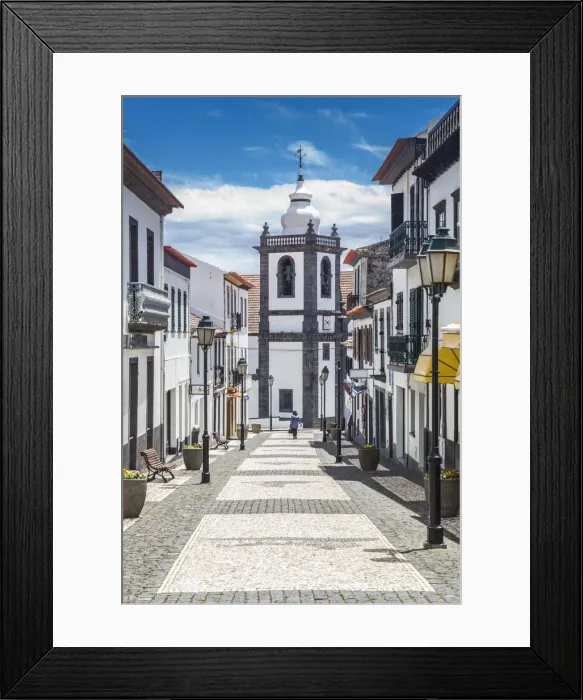 Framed Print : Portugal, Azores, Sao Jorge Island, Velas, Rua Francisco Lacerda street and view towards Framed Print : Portugal, Azores, Sao Jorge Island, Velas, Rua Francisco Lacerda street and view towards