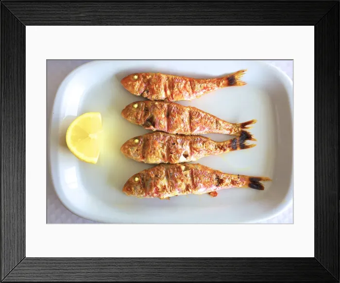 Framed Print : Charcoal Grilled Red Mullet, Eastern Algarve, Algarve, Portugal, Europe Framed Print : Charcoal Grilled Red Mullet, Eastern Algarve, Algarve, Portugal, Europe