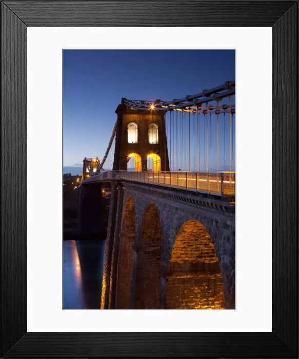 Framed Print : Evening illuminations on the Menai Bridge spanning the Menai Strait, North Wales, UK Framed Print : Evening illuminations on the Menai Bridge spanning the Menai Strait, North Wales, UK