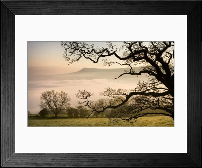 Framed Print : A thick blanket of early morning mist covers the landscape below Mynydd Troed in