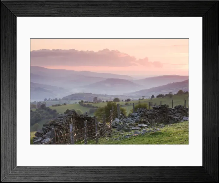 Framed Print : Dry stone wall on the slopes of Sugar Loaf mountain, looking towards the Usk Valley Framed Print : Dry stone wall on the slopes of Sugar Loaf mountain, looking towards the Usk Valley