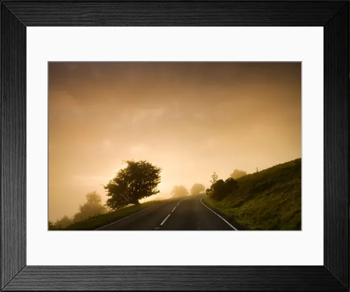 Framed Print : Misty conditions at sunrise on a moorland road, Brecon Beacons National Park, Powys Framed Print : Misty conditions at sunrise on a moorland road, Brecon Beacons National Park, Powys