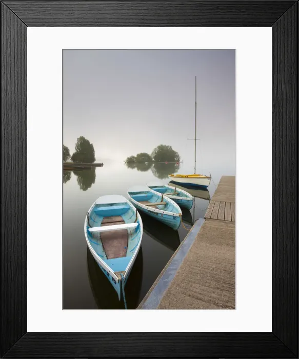 Framed Print : Pleasure boats moored at Llangorse Lake on a misty morning, Brecon Beacons National Park Framed Print : Pleasure boats moored at Llangorse Lake on a misty morning, Brecon Beacons National Park
