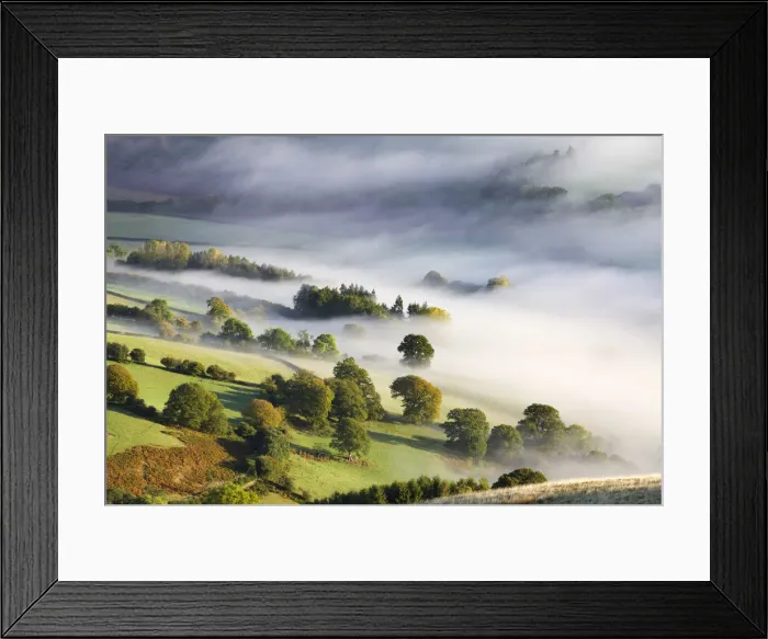 Framed Print : Mist covered rolling countryside in the Usk Valley, Brecon Beacons National Park, Powys Framed Print : Mist covered rolling countryside in the Usk Valley, Brecon Beacons National Park, Powys