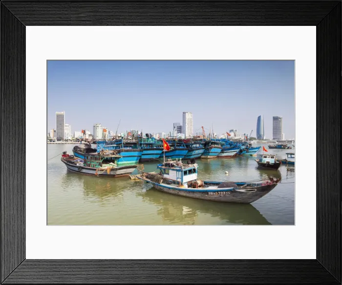 Framed Print : Fishing boats on Song River and city skyline, Da Nang, Vietnam