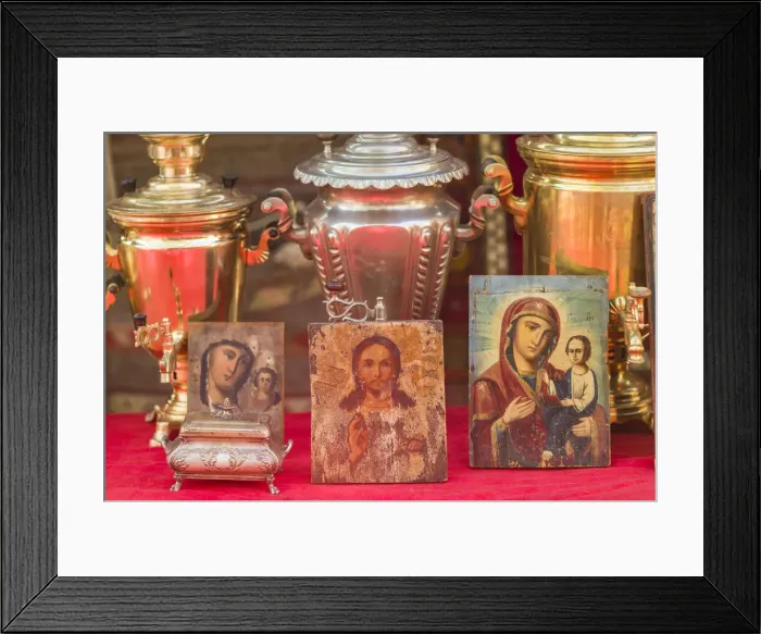 Framed Print : Armenia, Yerevan, Vernissage Market, samovars and Orthodox religious icons Framed Print : Armenia, Yerevan, Vernissage Market, samovars and Orthodox religious icons