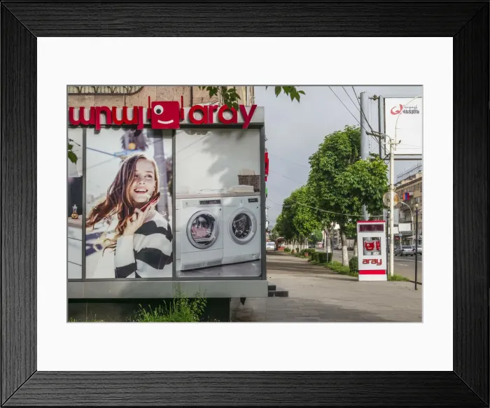 Framed Print : Armenia, Vanadzor, street with billboard for dishwasher