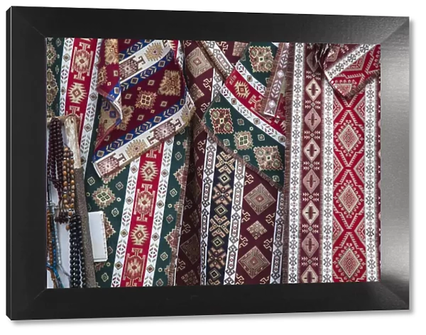 Armenia, Lori Province, Alaverdi, Textiles for sale outside Sanahin monastery