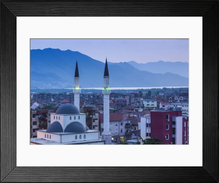 Framed Print : Albania, Shkodra, elevated view of Zogu 1 Boulevard and mosque, dusk Framed Print : Albania, Shkodra, elevated view of Zogu 1 Boulevard and mosque, dusk