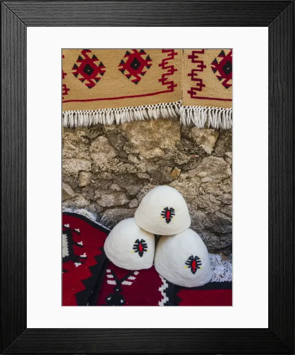 Framed Print : Albania, Kruja, town bazaar, Qeleshe traditional Albanian felt hats