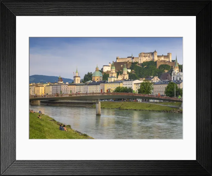Framed Print : Austria, Salzburg, View of Makartsteg bridge over Salzach River and Hohensalzburg
