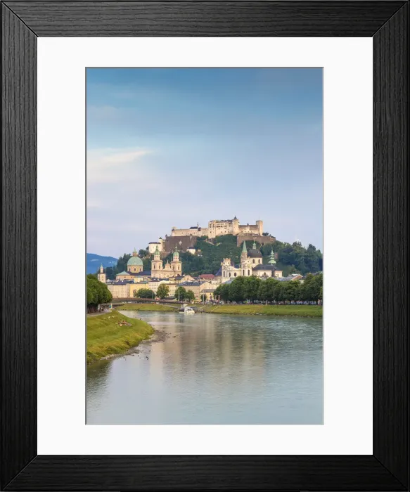 Framed Print : Austria, Salzburg, View of Makartsteg bridge over Salzach River and Hohensalzburg
