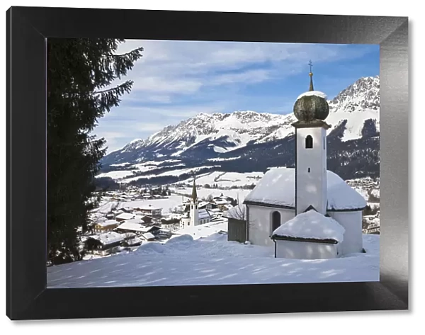 Churches of Ellmau ski resort, Wilder Kaiser mountains beyond, Tirol, Austria