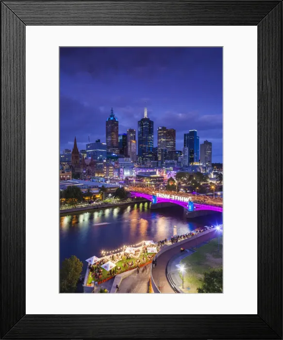Framed Print : Australia, Victoria, VIC, Melbourne, White Nights Festival, buildings lit with projected Framed Print : Australia, Victoria, VIC, Melbourne, White Nights Festival, buildings lit with projected