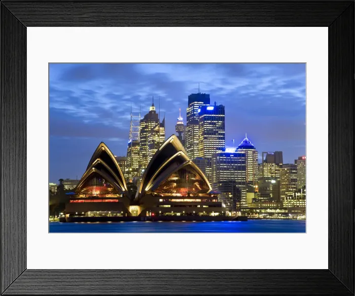 Framed Print : Australia, Sydney, View across Sydney harbour to Sydney Opera House & skyline at dusk Framed Print : Australia, Sydney, View across Sydney harbour to Sydney Opera House & skyline at dusk