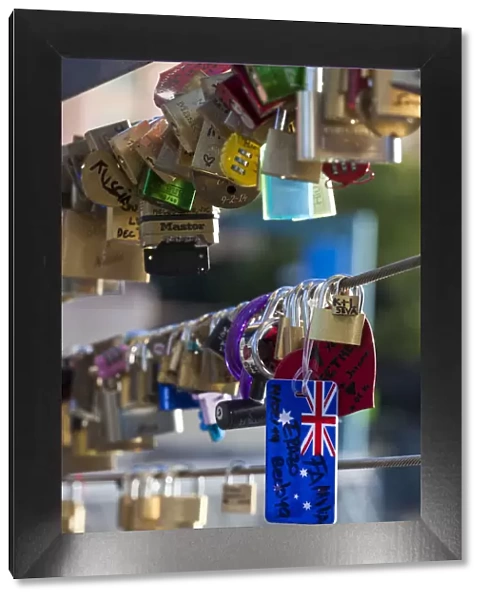 Australia, Victoria, VIC, Melbourne, love locks attached to Yarra River footbridge