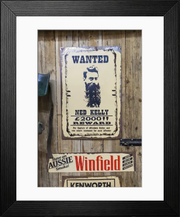 Framed Print : Australia, Victoria, VIC, Castlemaine, Restorers Barn, antique Wanted poster for legendary Framed Print : Australia, Victoria, VIC, Castlemaine, Restorers Barn, antique Wanted poster for legendary