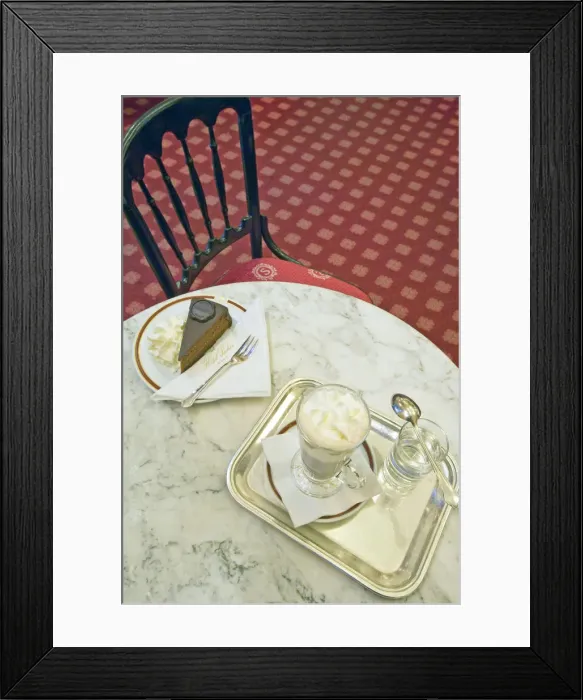 Framed Print : Torte cake and hot Einspanner coffee, served with whipped cream at The Elisabeth Salon Framed Print : Torte cake and hot Einspanner coffee, served with whipped cream at The Elisabeth Salon