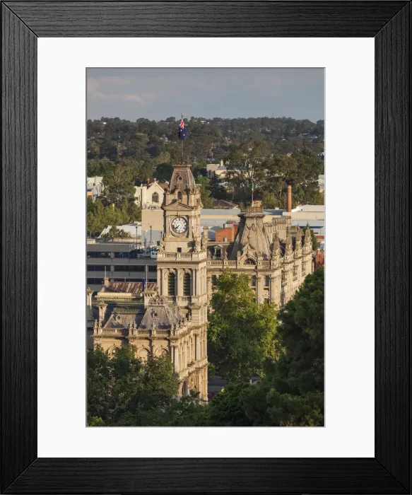 Framed Print : Australia, Victoria, VIC, Bendigo, Town Hall and Shamrock Hotel, elevated view, sunset Framed Print : Australia, Victoria, VIC, Bendigo, Town Hall and Shamrock Hotel, elevated view, sunset