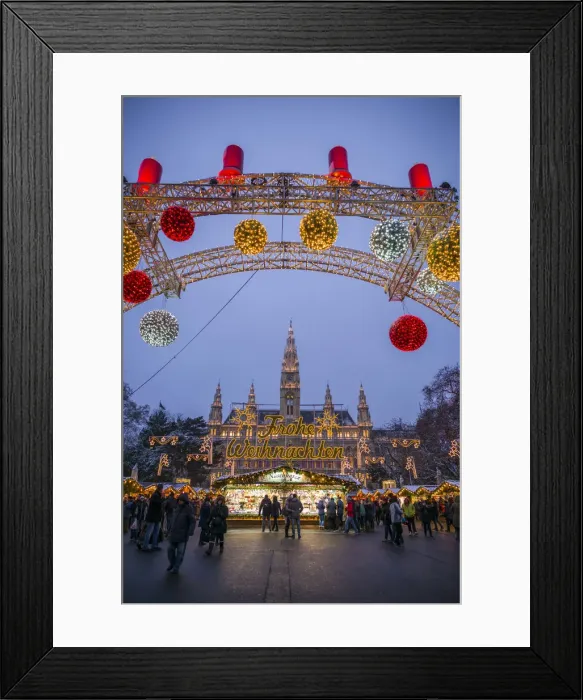 Framed Print : Austria, Vienna, Rathausplatz Christmas Market by Town Hall, evening