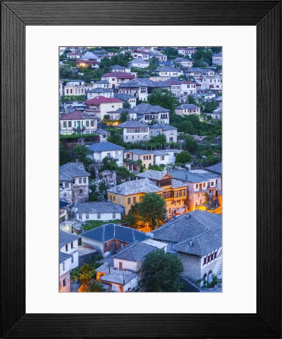 Framed Print : Albania, Gjirokastra, elevated view of Ottoman-era houses, dawn Framed Print : Albania, Gjirokastra, elevated view of Ottoman-era houses, dawn