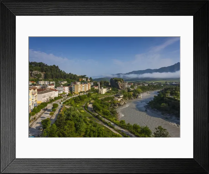 Framed Print : Albania, Permet, elevated town view with City Rock, dawn Framed Print : Albania, Permet, elevated town view with City Rock, dawn