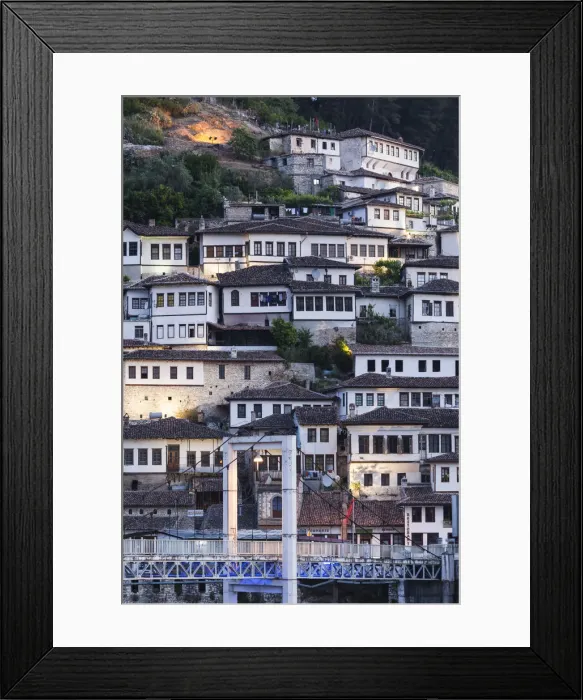 Framed Print : Albania, Berat, Osumi River Pedestrian Bridge and Ottoman-era buildings, dawn Framed Print : Albania, Berat, Osumi River Pedestrian Bridge and Ottoman-era buildings, dawn